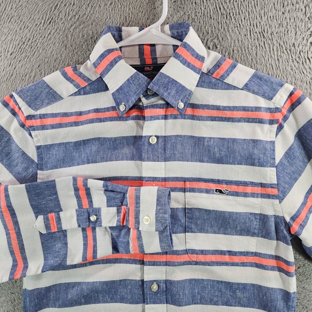Vineyard Vines Slim Fit Tucker Shirt Mens Small Blue Coral Stripe Linen Blend